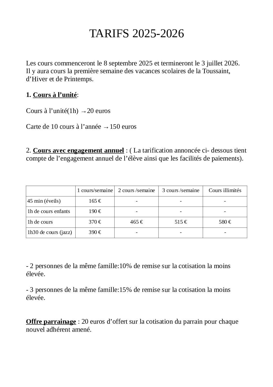 Tarifs école 2025-2026